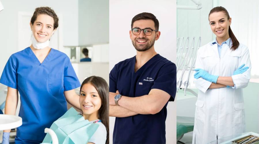 Happy dental professionals in their clinics, reflecting career satisfaction trends in dentistry for 2025.