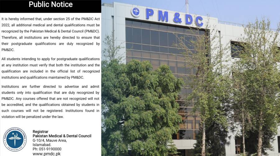 Pakistan Medical & Dental Council (PMDC) head office with official notice on postgraduate qualification recognition.